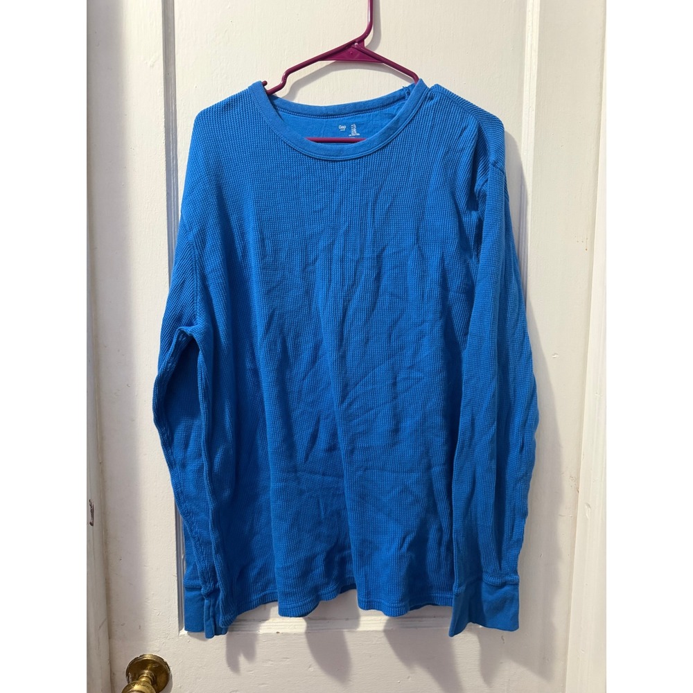 GAP Blue Waffle Knit Long Sleeve Top Mens XL 100% Cotton Thermal Crew Neck Shirt